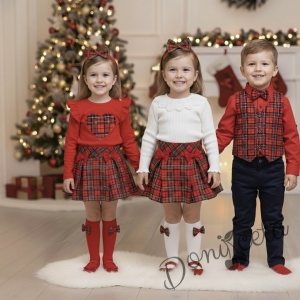 Комплект за момиче от 2 части-пола Вили в каре с панделки и блуза с дълъг ръкав в бяло с дантела Карена