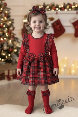 Детска коледна рокля каре в червено с дълъг ръкав и с къдрички от каре Карена