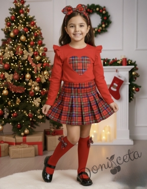 Комплект за момиче от 2 части-пола плисе от трико в каре и блуза с дълъг ръкав в червено със сърце в каре Карена