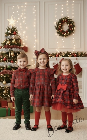 Коледна бебешка и детска рокля Надежда в каре с дълъг ръкав и тюл в червено Карена