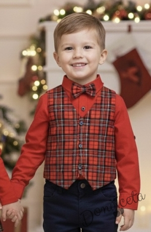  Комплект Карена от детска риза с дълъг ръкав  в червено за момче с елек в каре и папийонка