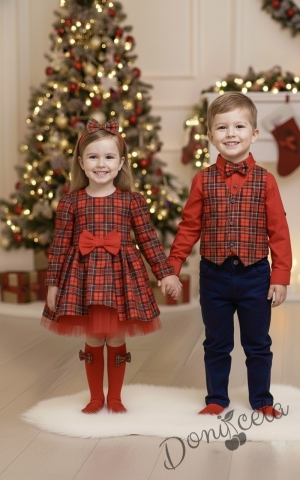  Комплект Карена от детска риза с дълъг ръкав  в червено за момче с елек в каре и папийонка