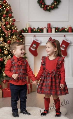  Комплект Карена от детска риза с дълъг ръкав  в червено за момче с елек в каре и папийонка