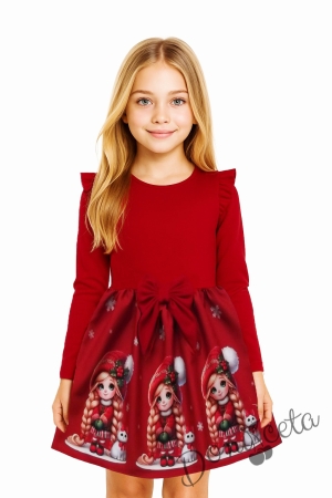 Бебешка/детска коледна рокля в червено с къдрички, панделка и коледни мотиви