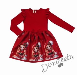 Бебешка/детска коледна рокля в червено с къдрички, панделка и коледни мотиви