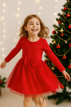 Детска рокля в червено с дълъг ръкав с панделка и блестящи камъчета