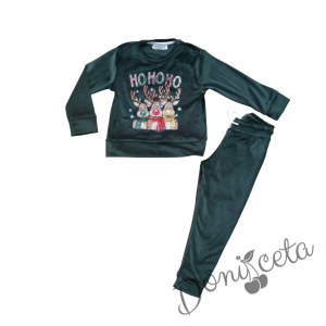 Детски коледен комплект за момче/момиче от плюшена блуза с коледни мотиви и надпис и плюшени панталонки в зелено