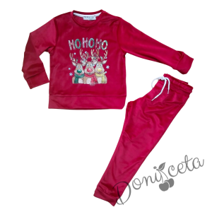 Детски коледен комплект за момче/момиче от плюшена блуза с коледни мотиви и надпис и плюшени панталонки в червено