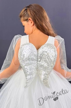 Официална детска рокля Рангелина  с дълъг в бяло с ангелски крила4