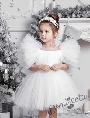 Официална детска рокля като снежинка Луиза с тюл в бяло с диадема от колекция Снежина