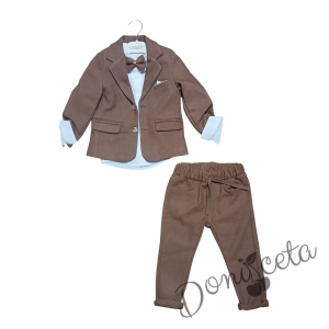 Елегантен официален косюм за момче в кафяво от 4 части - сако, панталон, риза в бяло и папийонка
