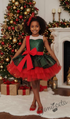 Коледна детска рокля с пайети в зелено с голяма панделка и тюл в червено с фиба за коса