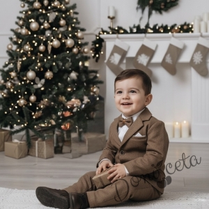Елегантен официален косюм за момче в кафяво от 4 части - сако, панталон, риза в бяло и папийонка