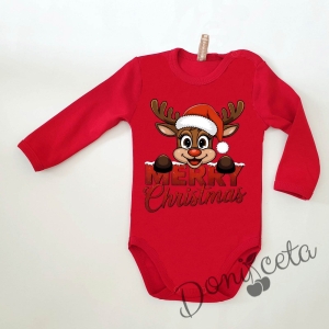 Коледно бебешко боди с дълъг ръкав в червено с еленче