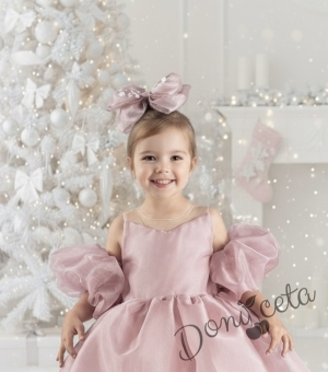 Официална празнична детска рокля с тюл в розово Даян с панделка за коса