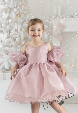 Официална празнична детска рокля с тюл в розово Даян с панделка за коса