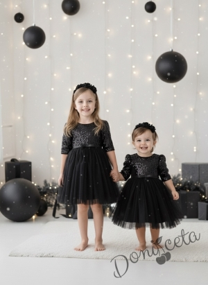 Детска рокля в черно с дълъг ръкав с пайети и коланче в черно и диадема