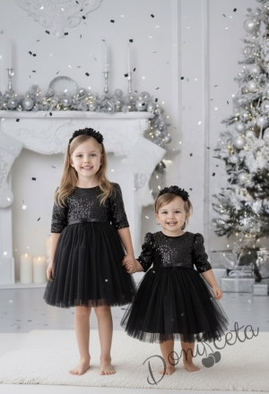 Детска рокля в черно с дълъг ръкав с пайети и коланче в черно и диадема