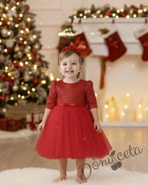 Детска рокля в червено с дълъг ръкав с пайети и коланче в червено и диадема