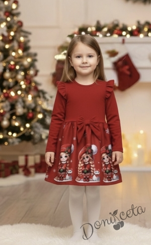 Бебешка/детска коледна рокля в червено с къдрички, панделка и коледни мотиви