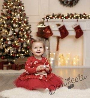 Бебешки рокля Надежда с дълъг ръкав с тюл в червено с еленчета и панделки 