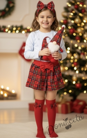 Детски комплект Карена от къси панталони в червено каре и блуза в бяло с джудже