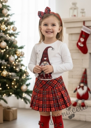 Детски кариран комплект Карена за момиче от пола червено каре Гери и блуза с картинка на джудже