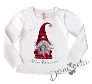 Детски кариран комплект Карена за момиче от пола червено каре Гери и блуза с картинка на джудже