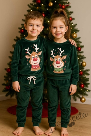 Детски коледен комплект за момиче/момче от плюшена блуза с коледен елен и плюшени панталонки в зелено