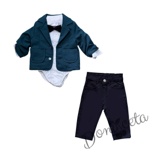 Официален бебешки костюм за момче от 4 части - сако в зелено, боди-риза в бяло, панталон и папийонка в тъмносиньо
