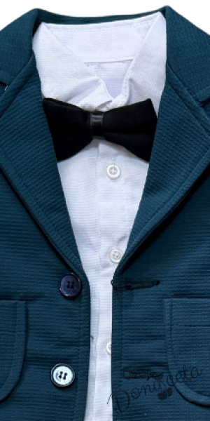 Официален бебешки костюм за момче от 4 части - сако в зелено, боди-риза в бяло, панталон и папийонка в тъмносиньо