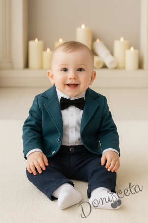 Официален бебешки костюм за момче от 4 части - сако в зелено, боди-риза в бяло, панталон и папийонка в тъмносиньо