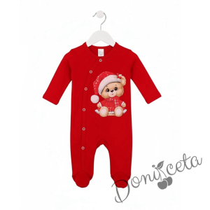 Бебешки коледен гащеризон в червено с коледна картинка на мече