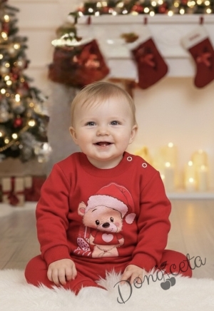 Детска коледна блуза в червено с мече