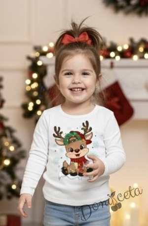 Коледна блуза в бяло с дълъг ръкав и картинка на еленче