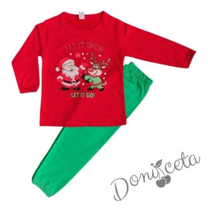 Детска коледна пижама червено с коледна картинка и долнище в зелено
