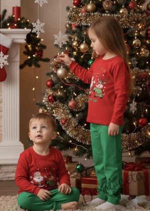 Детска коледна пижама червено с коледна картинка и долнище в зелено