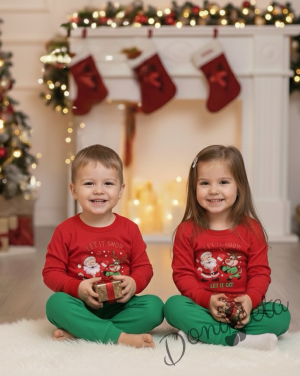 Детска коледна пижама червено с коледна картинка и долнище в зелено