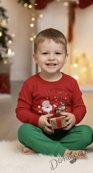 Детска коледна пижама червено с коледна картинка и долнище в зелено