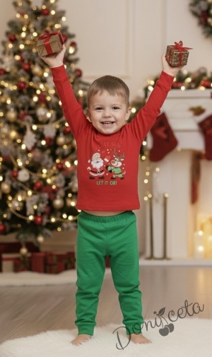 Детска коледна пижама червено с коледна картинка и долнище в зелено