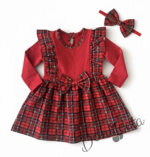 Детска рокля каре в червено с дълъг ръкав и с къдрички от каре Карена с диадема в каре