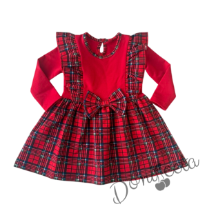 Детска рокля каре в червено с дълъг ръкав и с къдрички от каре Карена с диадема в каре