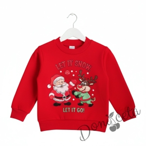 Коледна ватирана блуза в червено с дълъг ръкав и коледна картинка с надпис
