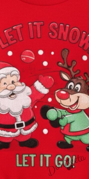 Коледна ватирана блуза в червено с дълъг ръкав и коледна картинка с надпис