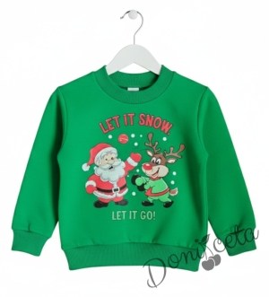 Ватиран коледен детски комплект с коледни мотиви с блузка в зелено и панталонки в червено