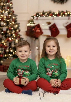 Ватиран коледен детски комплект с коледни мотиви с блузка в зелено и панталонки в червено