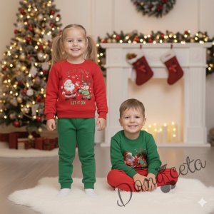 Ватиран коледен детски комплект с коледни мотиви с блузка в зелено и панталонки в червено
