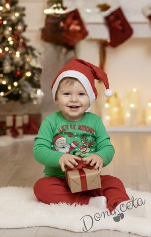Коледен бебешки комплект от боди в зелено с коледна картинка, панталонки в червено и коледна шапка