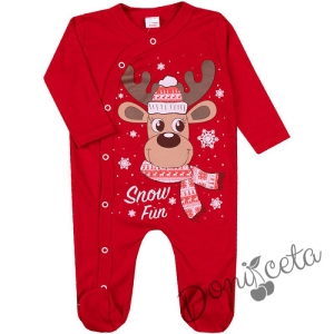 Коледен бебешки гащеризон в червено с еленче с шалче