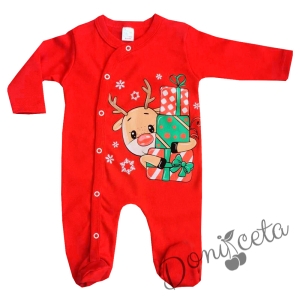 Коледен бебешки гащеризон в червено с еленче с подарък